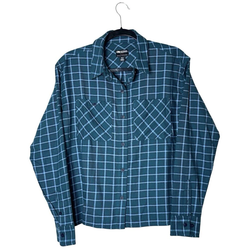 Outdoor Research Feedback Flannel Button Up Men's M Blue Green Plaid Outdoor